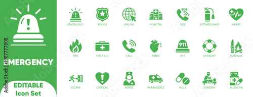 Emergency Icon Set. buttons, critical, escape, hospital, paramedic, patient, urgent, aid, police, emergency, first, and solid icons.