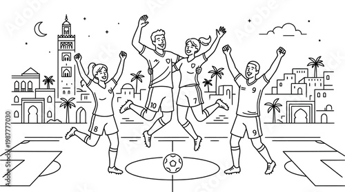 Soccer Team Celebrates Victory in Front Of Iconic Moroccan Architecture