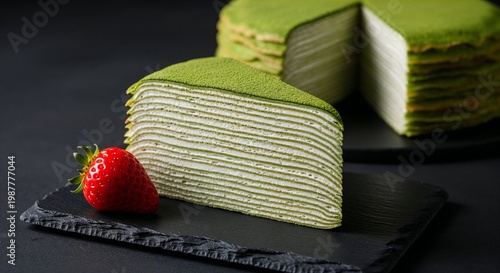 Matcha mille crepe cake slice with delicate green layers on black slate