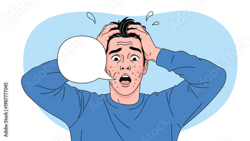Worried young man looking at his reflection and touching acne on face with speech bubble for skincare or dermatology concept.