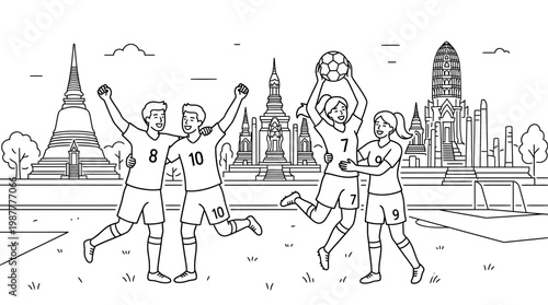 Soccer Team Celebrating Victory in Front of Thai Temples