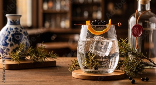 Dutch jenever in tulip glass in sophisticated macro beverage photography with crystal-clear spirit and juniper notes