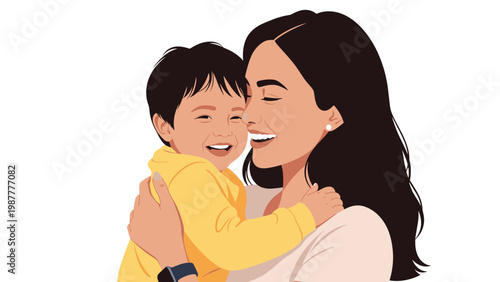 Happy mother smiling and hugging her little son with love and tenderness as concept of motherhood and family bonding.