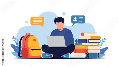 Young male student sitting on floor and working on laptop with backpack and large stack of books for distance learning concept.