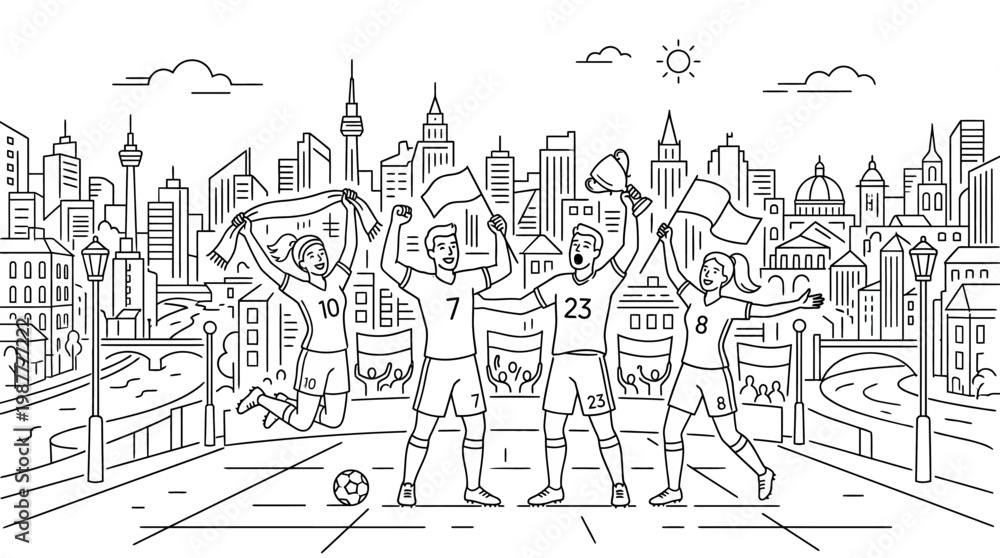 Fototapeta premium Soccer Fans Celebrating Victory in City Setting