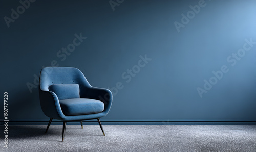 A solitary plush armchair with a matching cushion sits before a deep blue wall, on a textured floor. Soft light enhances the scene's mood