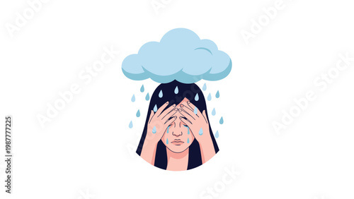 Sad young woman crying with blue rain cloud over her head as symbol of depression, grief, and mental health problems.