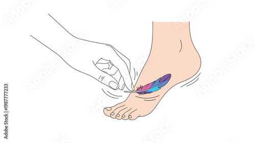 Hand holding colorful purple and blue feather and tickling human foot as concept of sensitivity, reflex, and fun activities.
