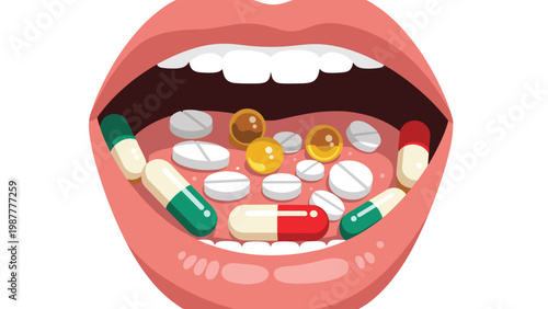 Close up of open human mouth with many different colorful medical pills and capsules on tongue representing overmedication.