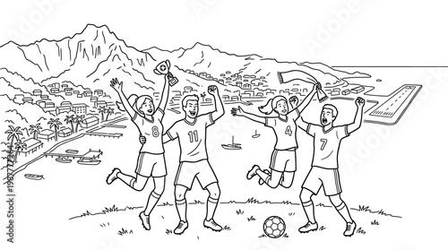 Soccer Team Celebrates Victory with Coastal View