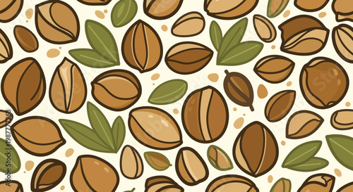 Seamless pattern of argan nuts and leaves, celebrating International Day of Argania and promoting healthy food choices
