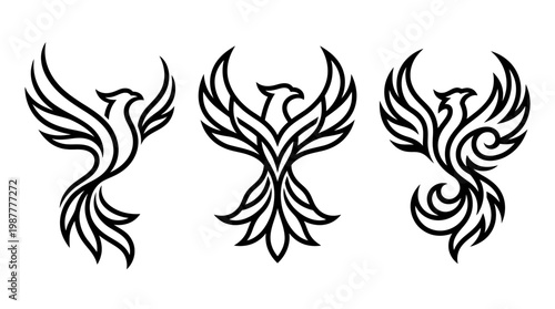 Elegant Black And White Phoenix Bird Line Art Set