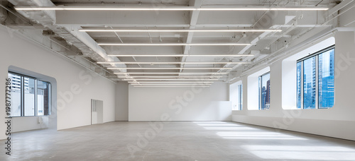 A spacious, bright, empty room with high ceilings, large windows revealing a cityscape. The floors are polished concrete, lit by linear lights