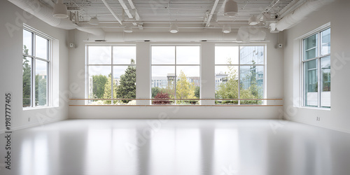 A spacious, bright studio with large windows offering outdoor views. The pristine white floor reflects natural light, and the space appears ready for activities