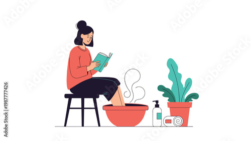 Woman relaxes by reading a book and soaking her feet in a tub of hot water, showing self-care and stress relief at home.
