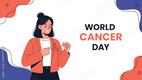 Smiling woman in a blazer points to a red awareness ribbon on her lapel for World Cancer Day, advocating for health support.