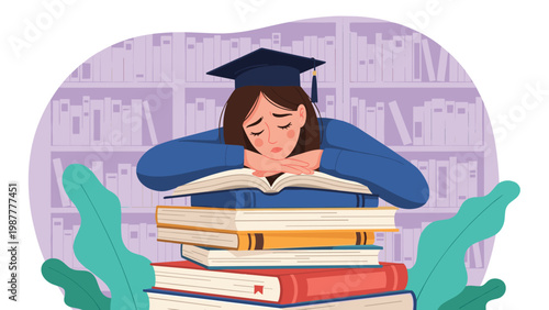 Exhausted student rests her head on a tall stack of books in a library, representing academic pressure and study fatigue.