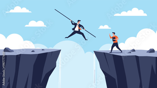 Determined businessman uses a long pole to vault across a deep mountain gap to reach another person, symbolizing goal achievement.