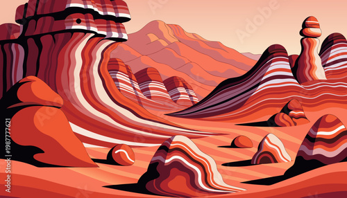 Red rock formations, desert landscape, striped sandstone hills, vector illustration