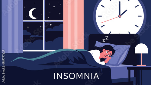 Woman lies awake in bed at night looking at a large clock, depicting insomnia and the struggle to fall asleep in a dark room.