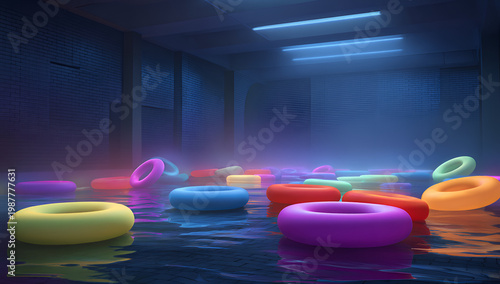 A surreal scene inside a dimly lit indoor space, flooded with shallow water. Colorful rings float, bathed in blue and purple light