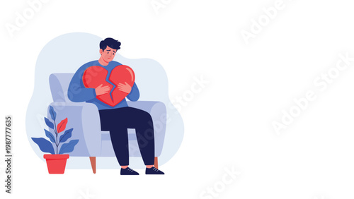 Sad man sits in an armchair and holds a large broken red heart, expressing deep emotional pain and the sorrow of a breakup.