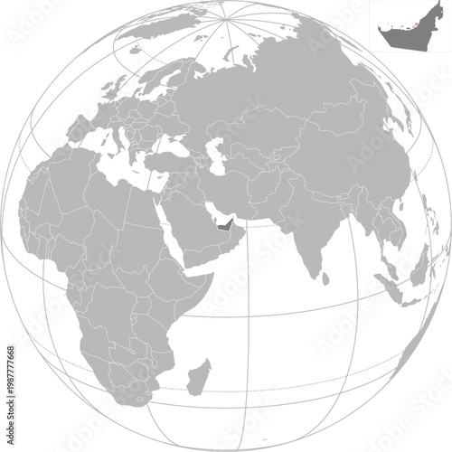 World vector map with country boundaries and graticules (United Arab Emirates centered view, orthographic projection, PPT-compatible & fully editable)	