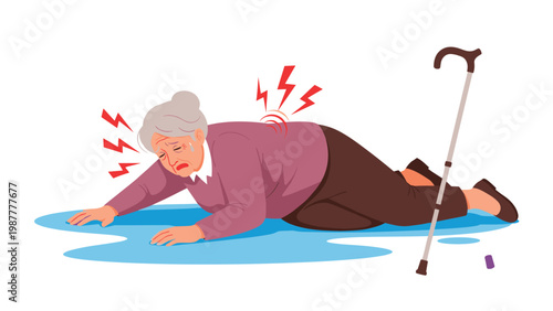 Elderly woman has fallen on a wet floor and clutches her back in pain, highlighting the risk of accidents and bone health.