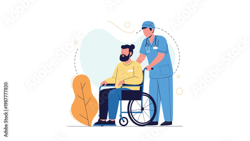 Healthcare worker pushes a bearded man in a wheelchair, illustrating medical support and mobility assistance for patients.