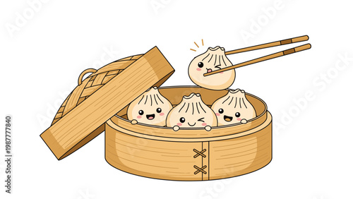 Group of cute cartoon steamed dumplings with happy faces rest in a traditional bamboo steamer, showing delicious Asian food.