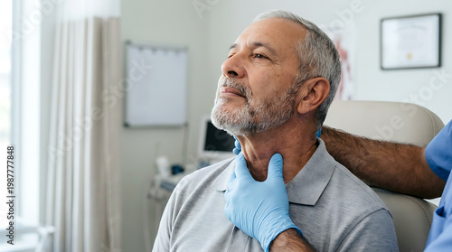 senior man undergoing thyroid physical examination by doctor in blue gloves at medical clinic for neck lump checkup and endocrine health diagnostic screening in hospital office