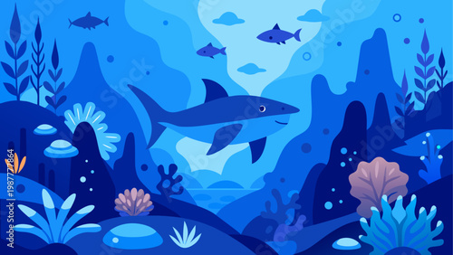 Underwater scene, ocean life, blue coral reef, cartoon fish