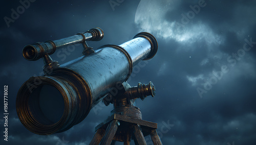 An antique brass telescope, focused towards a luminous full moon. The sky is dark, dramatic with swirling clouds at night