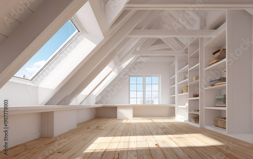 An attic with a sloped ceiling, skylights, and a built-in bookshelf. Light wooden floors and white walls create a bright space