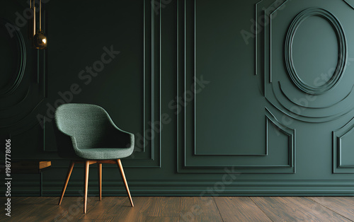 An elegant interior features a green chair and dark panelled walls. Gold accents add warmth, with a wooden floor