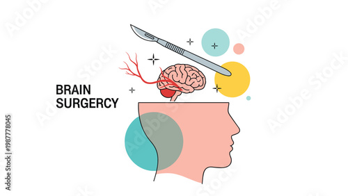 Illustration for brain surgery showing a scalpel and internal anatomy over a human head profile for medical education.