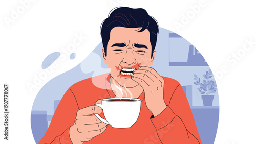 Young man suffering from intense tooth sensitivity and pain while trying to drink a hot cup of coffee in the morning.