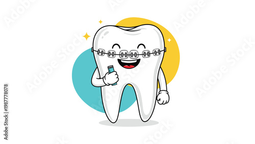 Cute cartoon character of a happy tooth wearing dental braces and holding a tube of toothpaste for oral hygiene.