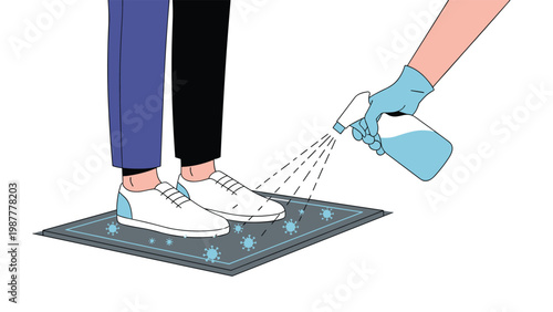 Person standing on a sanitizing mat while a hand in a glove sprays disinfectant on shoes to prevent virus spread.