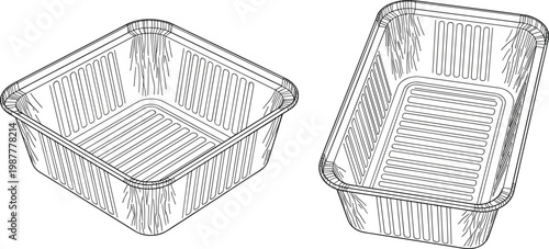Plastic Food Container Tray Line Art Illustration Set with Disposable Packaging Boxes for Takeaway Storage Delivery and Meal Prep Vector Design