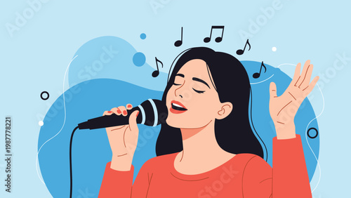 Talented woman singing into a microphone with musical notes floating around her during a performance or karaoke.