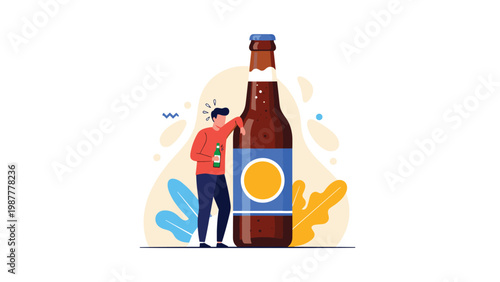 Distressed man leaning against a giant bottle of beer holding his head to represent alcoholism and addiction.