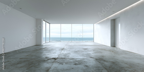 An empty, minimalist interior space with large windows overlooking the ocean. The concrete floor contrasts with the bright, white walls and ceiling