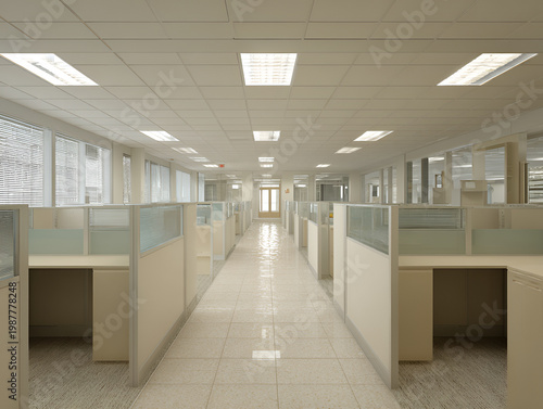 An empty office space with rows of cubicles under bright fluorescent lights, creating a sense of emptiness and waiting