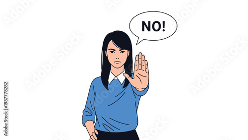 Serious woman with long dark hair making a stop gesture with her hand and saying no in a speech bubble above her.