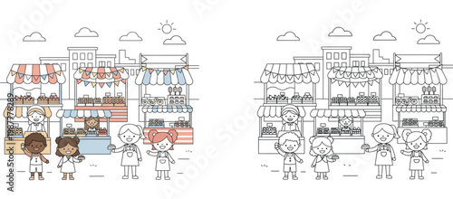 Diverse children at a bustling outdoor street market with food stalls, including a black and white coloring book page version for kids' educational and community-themed activities.