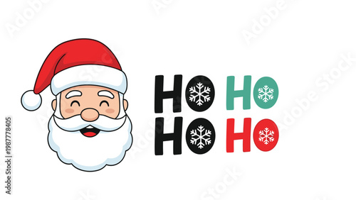 Jolly face of Santa Claus with a red hat next to colorful ho ho ho text for traditional christmas holiday designs.