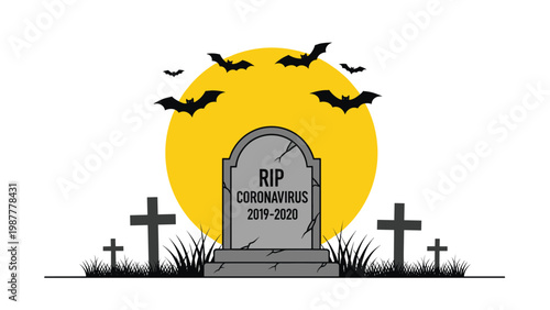 Grave stone in a cemetery with a rip coronavirus message under a full moon with bats flying in the night sky.