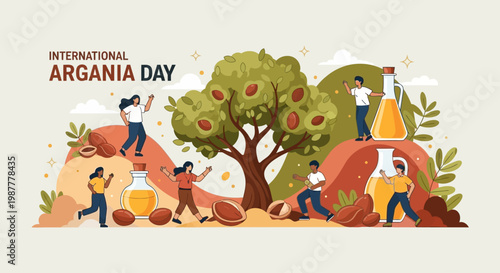 Celebrate International Day of Argania with this vibrant illustration showcasing argan oil production and healthy lifestyle benefits