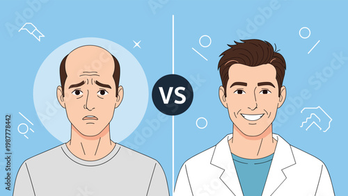 Medical comparison between a balding man and a man with healthy hair to show the results of a hair transplant.